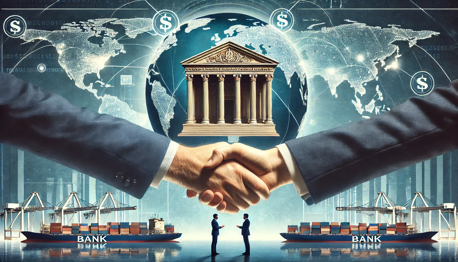 two banks shaking hands to symbolize agreement and cooperation in international trade